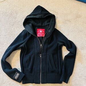 OCHIRLY Unisex Black Zip-Up Hooded Knit Jacket with "END"Back Ribbed Trim SizeM